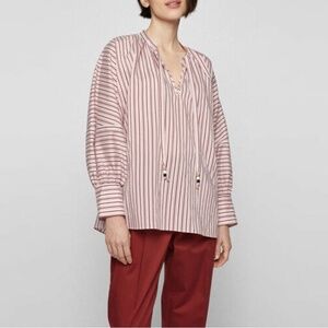 NEW BOSS Bateco Striped Tie Neck Oversized Shirt in Sienna Red Sz. 6